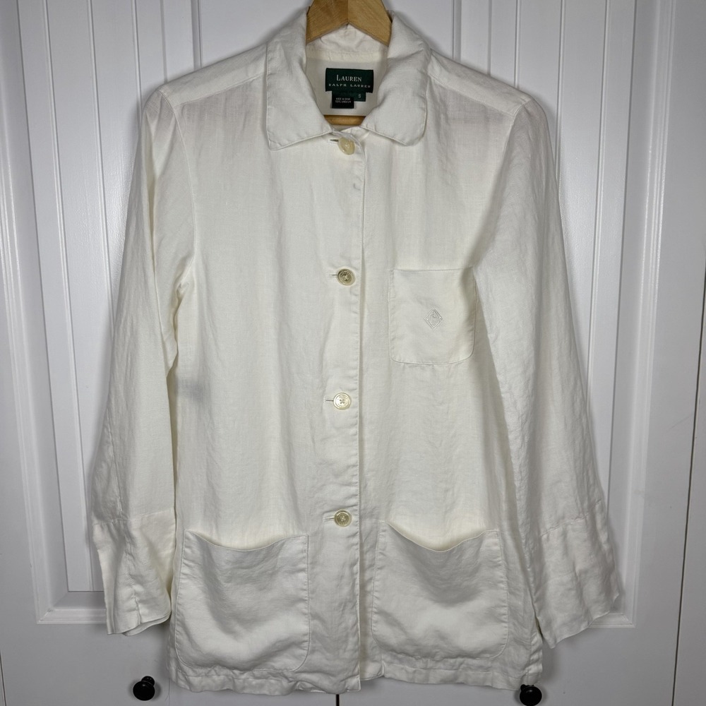 Ralph Lauren LINEN Embroidered Logo Button Collar Jacket Blazer White Small Flaw